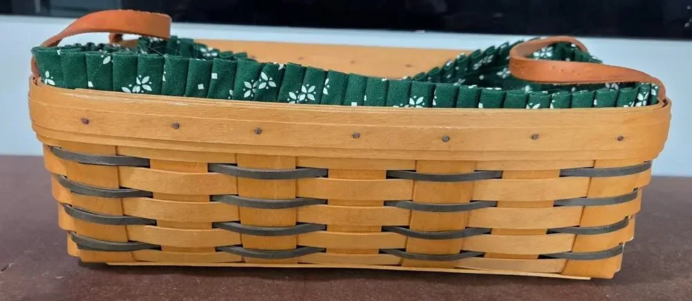 Vintage 1999 Longaberger Rectangle Basket Green Heritage Fabric Liner & Handles